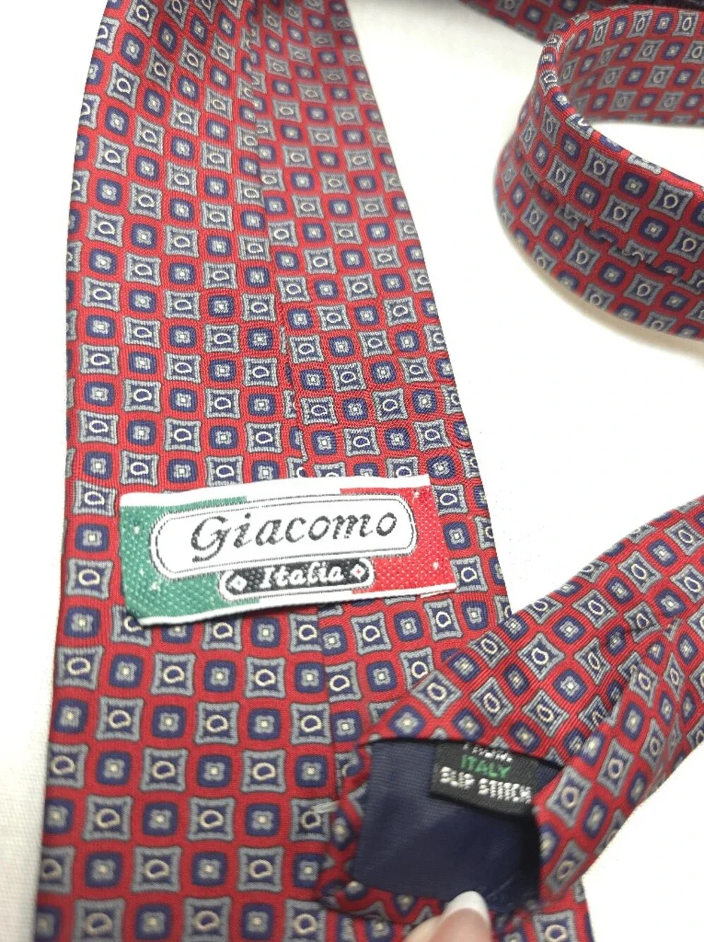 Vintage Giacomo Red Tie with Blue and White Geometric Squares